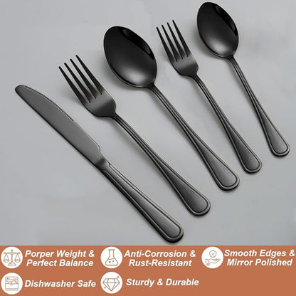 20 Pcs Black Silverware Set for 4 with Simple Striped Handle Design, Food Grade Stainless Steel Flatware Set, Eating Utensils Sets Include Fork/Knife/Spoon, Cutlery Set, Dishwasher Safe