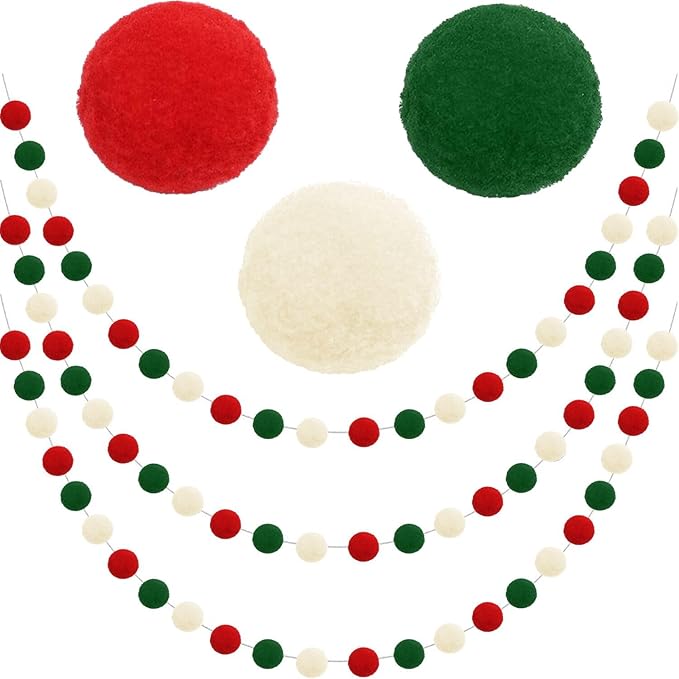 Jishi Christmas Pom Pom Garland Christmas Decorations for Tree Indoor Home Room Decor 3pk Cute Hanging Felt Ball Red White Green Pompom Bead Ornament String Banner Garland Xmas Birthday Party Supplies
