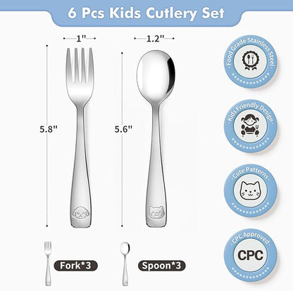 DRKIO Stainless Steel Toddler Utensils Set - 6 Pieces Kids Silverware Set Children Safe Food Grade Small Forks and Spoons Dishwasher Safe Mirror Polished