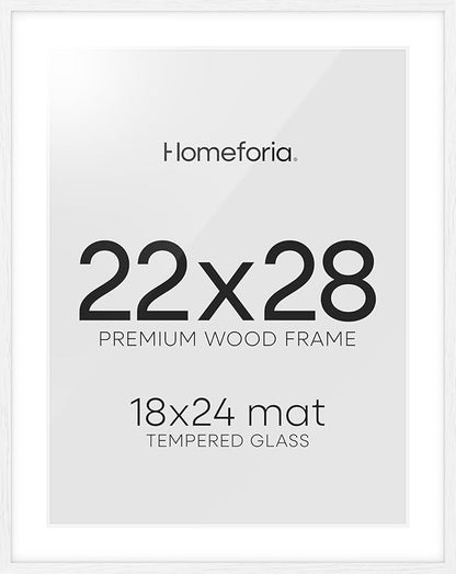 Homeforia 22x28 Poster Frame White, High End Oak 22 x 28 Wood Picture Frame with Mat 18 by 24 for Photo, 22x28 Large Wooden Frame Matted to 18x24, 28x22 Thin Frames, Tempered Glass, Wall Kit, Set of 1
