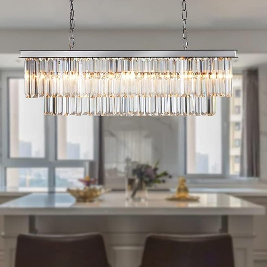 Luxury Chrome Rectangular Crystal Chandeliers Lighting Modern Pendant Ceiling Lights Rectangle Chandelier Lamp Fixture 8-Lights for Dining Room Kitchen Island