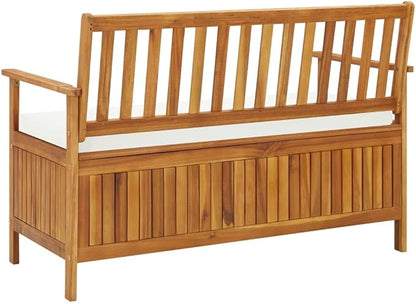 vidaXL Solid Acacia Wood Outdoor Storage Bench with Backrest, Armrests, and Cushion - 47.2"x24.8"x33.1" Rustic Patio Furniture with Large Storage Compartment