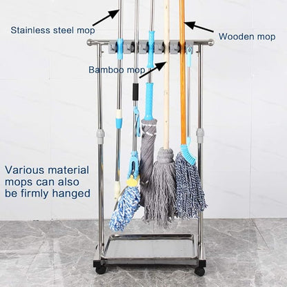 movable mop broom holder put wet mops floor standing cleaning tool rack stainless for schools, hospitals, factories, hotels, restaurant, etc.