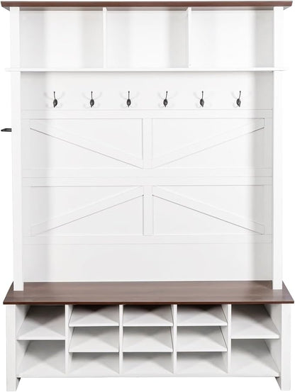 Ball & Cast 4-in-1 Hall Tree with 6 Hooks,Walnut Entryway Bench with Adjustable Shelves,Rustic Shoe Organizer with 16 Open Compartments,for Mudroom,Living Room,Hallway,White