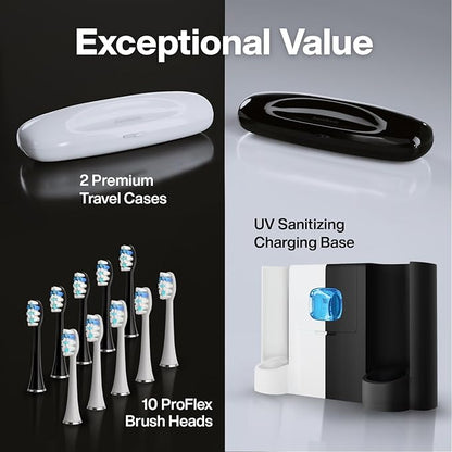 Aquasonic Duo PRO – Ultra Whitening 40,000 VPM Electric ToothBrushes – ADA Accepted - 5 Modes with Smart Timers - UV Sanitizing & Wireless Charging Base - 10 Proflex Brush Heads & 2 Travel Cases