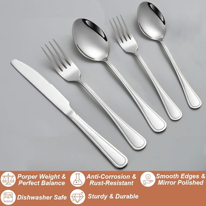 40 Pcs Silverware Set for 8 with Simple Striped Handle Design, Food Grade Stainless Steel Flatware Set, Eating Utensils Sets Include Fork/Knife/Spoon, Reusable Cutlery Set, Dishwasher Safe