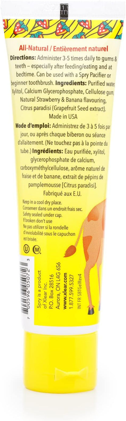 Spry Natural Xylitol Toothpaste for Baby, Toddler and Kids Age 3 Months and Up - Fluoride Free Tooth Gel, Tasty, Support Development of Emerging Teeth, Strawberry Banana 2 Fl Oz (Pack of 6)