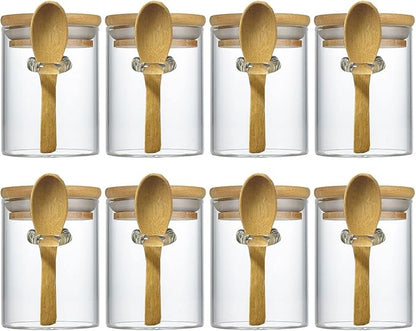 7.6 oz Airtight Mini Glass Jars with Bamboo Lids and Bamboo Spoons, Spice Jars Small Food Storage Containers for Kitchen, Bathroom, Home Decor Set of 8
