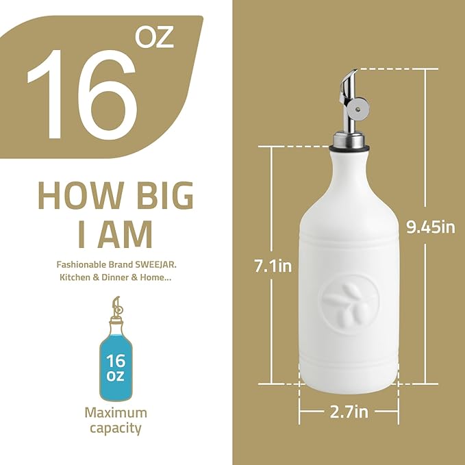Sweejar 16 Oz Ceramic Olive Oil Dispenser Bottle, Oil Dispenser for Kitchen with Gravity Spout, Relief Opaque Oil Container for Evoo, Avocado Oil, Vinegar, Soy Sauce, 1 Pack(White, Silver Spout)
