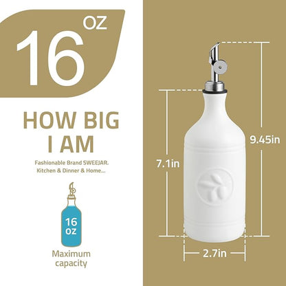 Sweejar 16 Oz Ceramic Olive Oil Dispenser Bottle, Oil Dispenser for Kitchen with Gravity Spout, Relief Opaque Oil Container for Evoo, Avocado Oil, Vinegar, Soy Sauce, 1 Pack(White, Silver Spout)