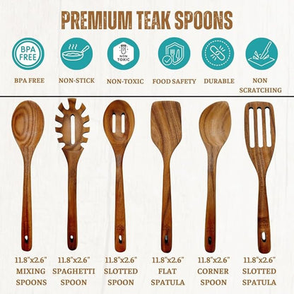 Wooden Utensils for Cooking, Premium Teak Healthy Spoons, Wooden Spoons for Cooking, Durable Eco-Friendly and Safe Teak Cooking Spoon, Cooking Gifts for Mom (set of 6) and Hooks
