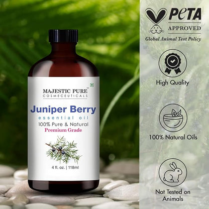 Majestic Pure Juniper Essential Oil with Glass Dropper - Huge 4 Fl Oz - 100% Pure and Natural Juniper Oil - Premium Grade Essential Oils for Diffuser, Aromatherapy, Soap and Candle Making