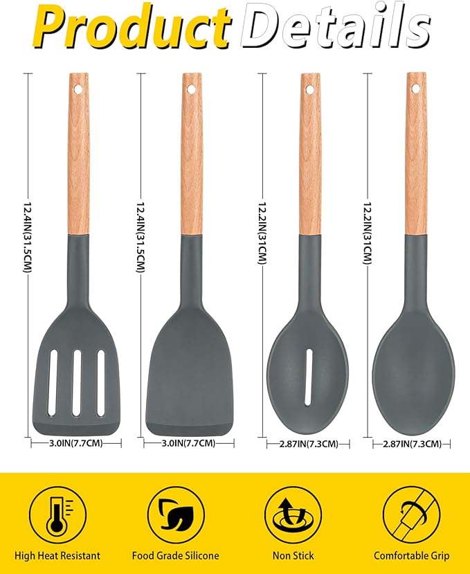 Pack of 4 Silicone Cooking Utensils Set, Non Stick Solid Spatulas and Heat Resistant Slotted Spoons with Wooden Handle, Ideal Wood Kitchen Utensils Set for Frying,Serving,Turning,Stirring (GRAY)