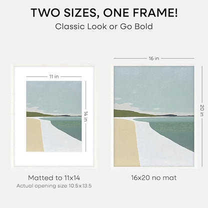 Homeforia 16x20 White Picture Frame, High End Oak 16x20 White Wood Frame with Mat 11x14 Photo, 16 x 20 Wooden Poster Frames Matted to 11 by 14, 20x16 Hanging Frames, Tempered Glass, Wall Kit, Set of 1