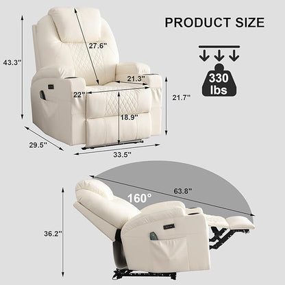 Power Recliner Chair with Heat and Massage, PU Leather Home Theater Seating with LED Lights/Cup Holders/Side Pocket/USB Port, Reclining Sofa Chair for Living Room(2, Beige)