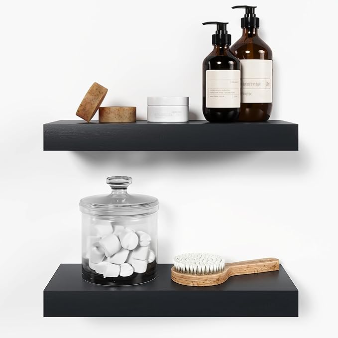 Homeforia 16 inch Black Floating Shelves, High End Solid Real Wood 16inch Bathroom Floating Shelves for Wall Mounted, 16in Wooden Small Floating Shelf, Heavy Duty Bracket, 16 X 6.5 X 1.75 in, Set of 2