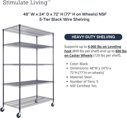 48"x24"x72" Prime Heavy Duty Black 5-Tier Steel Wire Shelving NSF 4000 LBS MAX Capacity Storage Rack for Commercial, School, Home, Garage, Warehouse, Industrial, and Hospital Uses (with Wheels)