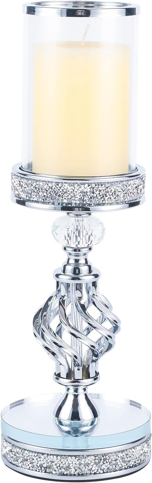 Hanjue Crystal Candle Holders for Pillar Candle, Metal Crystal Candle Holder for Home Decor, Centerpieces, Coffee Dining Table CH0509 (Silver (M))