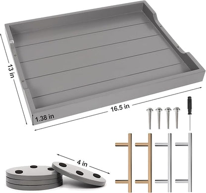 Coffee Table Tray - Large Ottoman Trays for Living Rooms - Wood Serving Tray with Handles(2 Sets) - Wooden Tray for Coffee Table, 4 Round Coasters Included, Gray