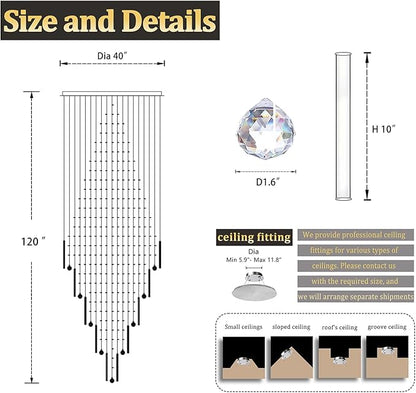 D40''X H120'' High Ceiling Chandelier Crystal Raindrop Big Chandeliers Staircase Large Chandelier Empire Entrance Foyer High Ceiling Pendant Chandelers Fixture LED Dimmable 2700K-4500K-6000K