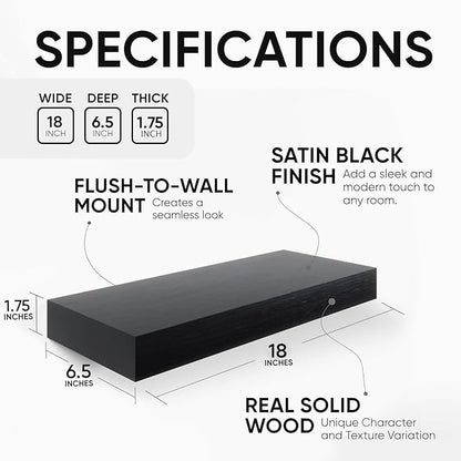 Homeforia Black Floating Shelf 18 inch, High End Solid Real Wood 18inch Bathroom Floating Shelves for Wall Mounted, Black Wooden 18in Floating Shelves, Heavy Duty Bracket, 18 X 6.5 X 1.75 in, Set of 3