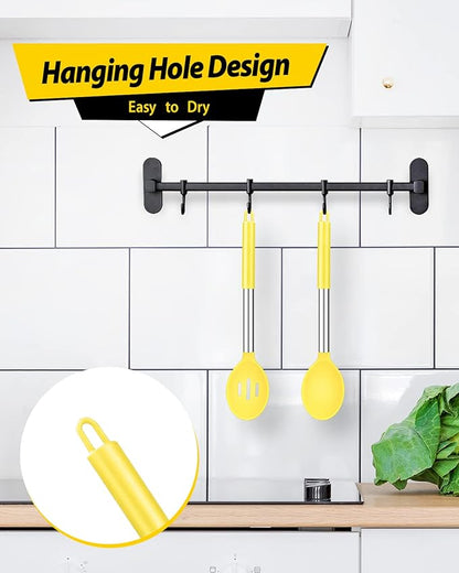 Pack of 2 Large Silicone Cooking Spoons,Non Stick Solid Basting Spoon,Heat-Resistant Kitchen Utensils for Mixing,Serving,Draining,Stirring (YELLOW)