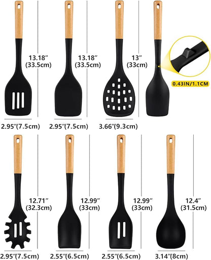 Silicone Kitchen Utensil Set for Non Stick Cookware, 7 Pcs Heat Resistant Cooking Utensils with Wooden Handle, BPA Free Kitchen Tools with Spatulas, Spoons, Skimmer and Pasta Fork (BLACK)