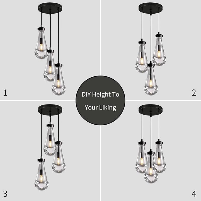 Bronze 3 Light Pendant Lighting, Raindrop Pendant Lights, Black Adjustable Hanging Rope Cluster Pendant Lighting Over Kitchen Island, Teardrop Glass Chandelier Dining Room Light Fixture