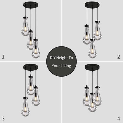 Bronze 3 Light Pendant Lighting, Raindrop Pendant Lights, Black Adjustable Hanging Rope Cluster Pendant Lighting Over Kitchen Island, Teardrop Glass Chandelier Dining Room Light Fixture