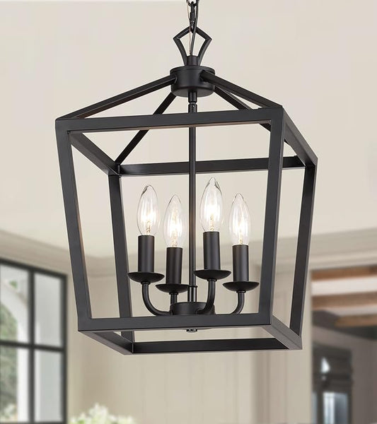 AMZASA Farmhouse Rustic Black Lantern Chandelier Hanging Light Fixture 4-Lights for Kitchen Island Dining Room Hallway Entryway Foyer UL Listed