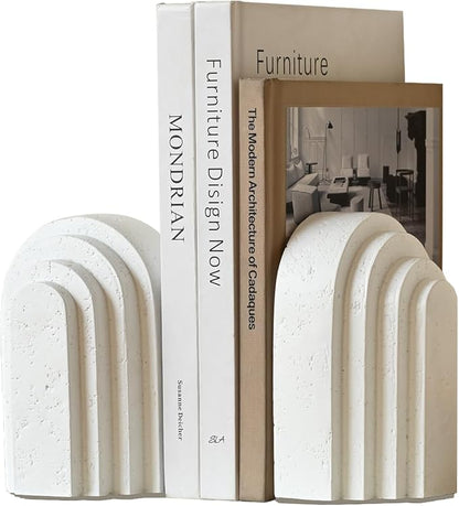 Decorative Bookends for Shelves, Set of 2 Book Ends for Heavy Books, Layered Arch Design White Bookend