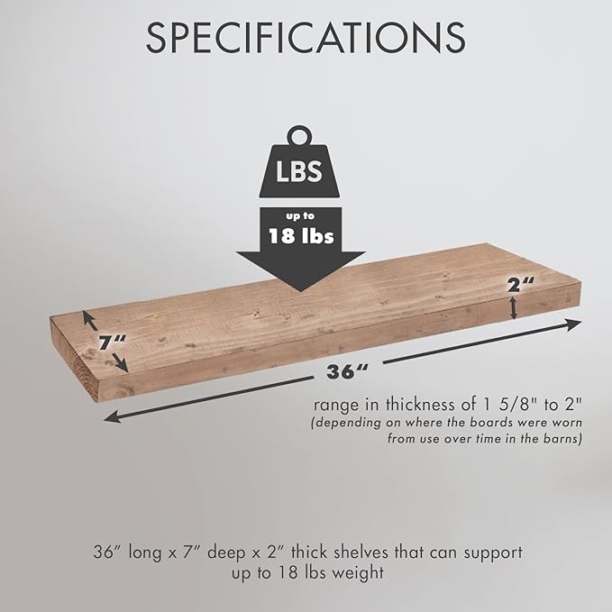 Urban Legacy Reclaimed Barnwood Planks | Floating Shelves for Wall w/Flush Mount Shelf Bracket Set Included | Set of 2 (Natural, 36" x 7" x 2")