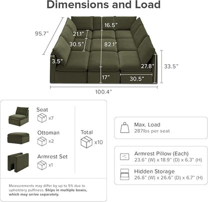 mopio Oversized Modular Sectional Sofa with Fully Removable Covers and Storage, Convertible U, L-Shaped and Sleeper Sectional, Modern Couches with Ottoman Chaise (Olive Green Velvet, 9 Seats, Sleeper)