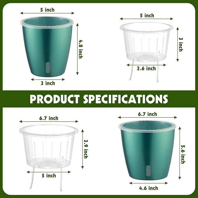 Self Watering Pots for Indoor Plants, 6-Pack 5'' Self Watering Planter with Drainage Holes, Small African Violet Pots with Water Indicator, Clear Wick Orchid Pot, Blue Gold