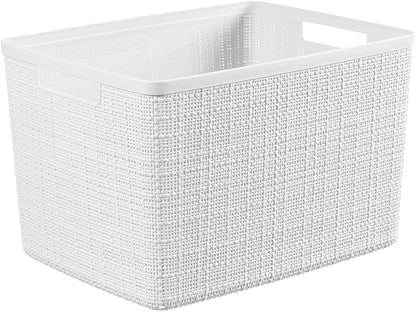Curver Set of 4 Jute Large Decorative Plastic Organization and Storage Baskets, Perfect Bins for Home Office, Closet Shelves, Kitchen Pantry and All Bedroom Essentials, White