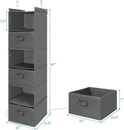 MAX Houser 6 Tier Shelf Hanging Closet Organizer, Closet Hanging Shelf with 2 Sturdy Hooks for Storage, Foldable (Grey-D3)