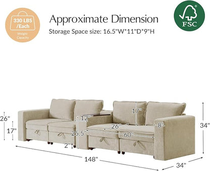 HULALA HOME 148" Modular Sectional Sofa with USB Port and Console, 4 Seater Sofa with Storage Ottoman, Oversized Sectional Couches for Living Room, FSC Certified, Beige