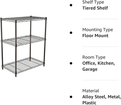 Amazon Basics 3-Shelf Adjustable Heavy Duty Steel Wire Rack Storage Shelving Organizer for Kitchen, Garage, 23.2" L x 13.4" W x 30" H, Black