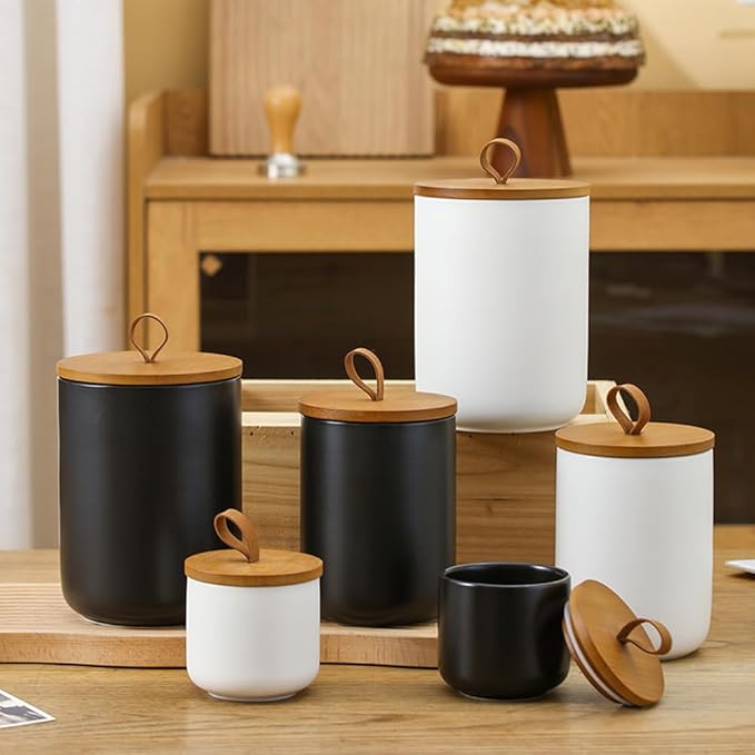 YYW Kitchen Canister Set for Countertop Set of 3, 9/28/45 oz Ceramic Food Storage Containers with Airtight Wood Lids, Food Saver Jars for Coffee, Tea, Candy, Flour(Three-piece suit in black)