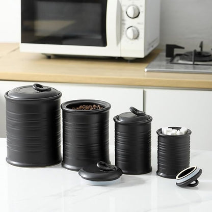 Nihow Food Storage Jar Sets: Ceramic Container with Air Tight Lid for Flour/Sugar/Rice/Coffee/Cookies/Candy - Seal Damp-proof Canister for The Kitchen Counter - Set of 4 （Matte Black）