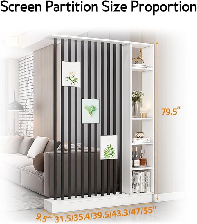Wall Room Divider, Storage Cabinet Storage Display with Shelves, Modern Freestanding Wood Room Divider Screen, Wall Privacy Screens for Home Decorative (White+Black,35.4" L x 9.5" W x 79.5" H)