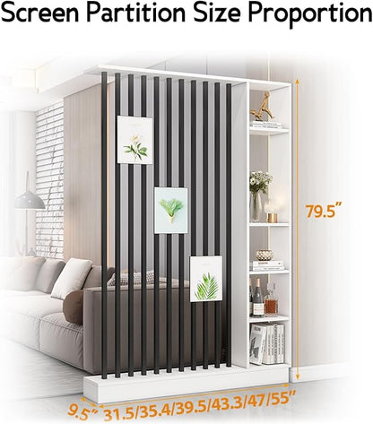 Wall Room Divider, Storage Cabinet Storage Display with Shelves, Modern Freestanding Wood Room Divider Screen, Wall Privacy Screens for Home Decorative (White+Black,35.4" L x 9.5" W x 79.5" H)