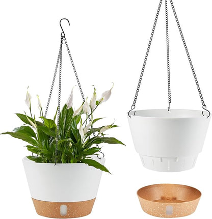 2 Pack 10 Inch Hanging Planters for Indoor Outdoor Plants, Hanging Plant Flower Pot Basket with Drainage Hole with Removable Tray&Hooks Self Watering Plant Pot for Hanging Plants, White