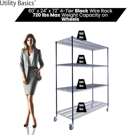 60"x24"x72" Premium Metal Steel 4-Tier Wire Shelving NSF 3200 LBS MAX Capacity Heavy Duty Storage Rack for Hospitals, Schools, Commercial Spaces, and Garages w/Premium Wheels