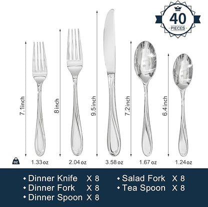 HIKAA Wave Design Silverware Set Service for 12, 60-Piece Artistic Stainless Steel Flatware Set with Fibonacci Pattern, Heavy Duty Mirror Polished Cutlery Set