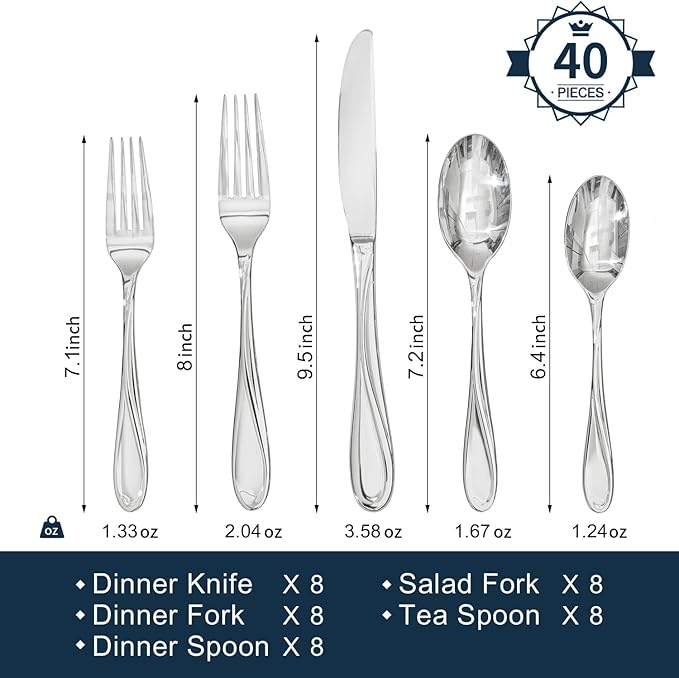 HIKAA Wave Design Silverware Set Service for 1, 5-Piece Artistic Stainless Steel Flatware Set with Fibonacci Pattern, Heavy Duty Mirror Polished Cutlery Set