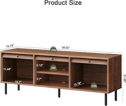 59 Inch TV Stand with Power Outlet for TVs up to 65 Inch, Entertainment Center with Storage, Mid-Century Modern TV Console, Adjustable Shelf & Sliding Doors, TV Stand for Living Room, Bedroom, Walnut