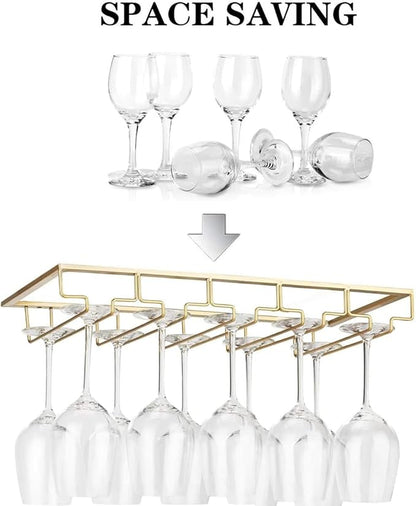 Wine Glass Rack - Under Cabinet Stemware Wine Glass Holder Glasses Storage Hanger 2 Pack Metal Organizer for Bar Kitchen 5 Rows Gold
