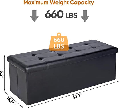 SUPER DEAL 43 Inch Folding Storage Ottoman Bench, Faux Leather Storage Chest Shoes Bench with Divider Padded Seat Couch Footrest for Bedroom Entryway, 660 lbs Capacity 43"x 15"x 15", Black