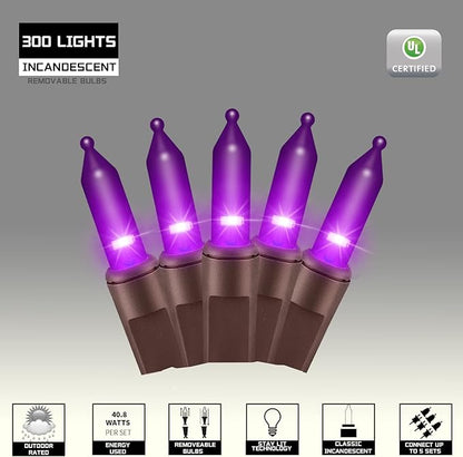 300LIGHTS(2*150L) PURPLE Extra-Bright With End Connectors Halloween Decorative Lights 19.44m UL Certified Mini String Light Set Waterproof for Halloween Home Garden Christmas Tree Party Patio